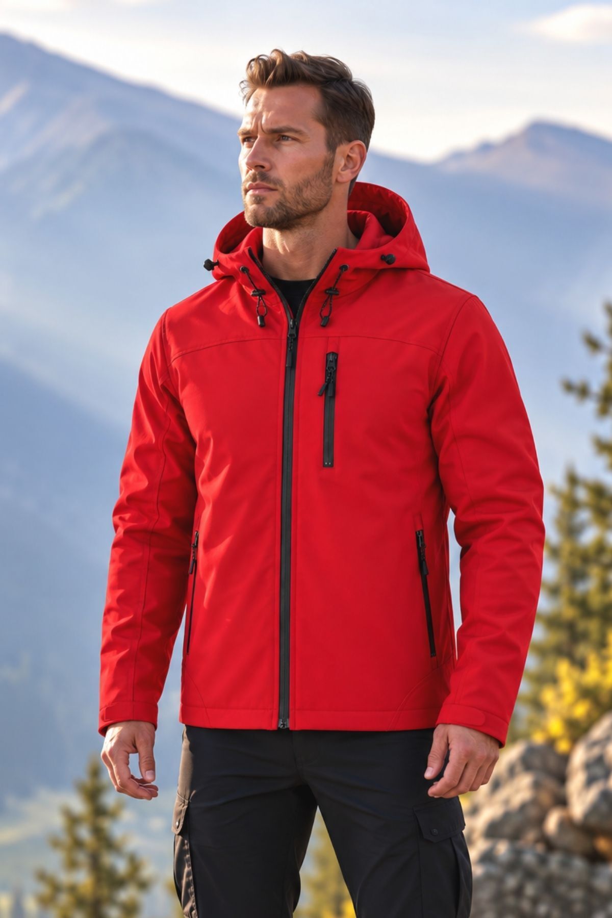 GHASSY CO Erkek İçi Polarlı Su ve Rüzgar Geçirmez Softshell Spor Mont — قرمز 869866069