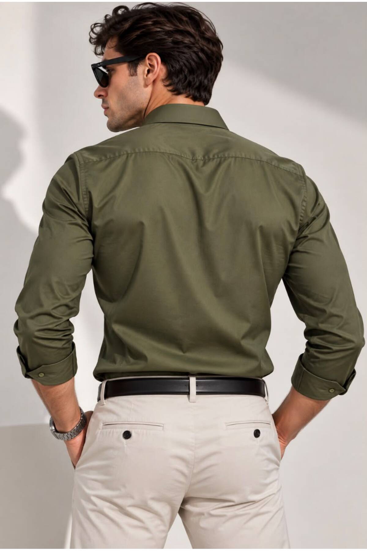 sepetx Erkek Basic Premium Pamuk Saten Slim Fit Haki Yeşili Gömlek görsel 3