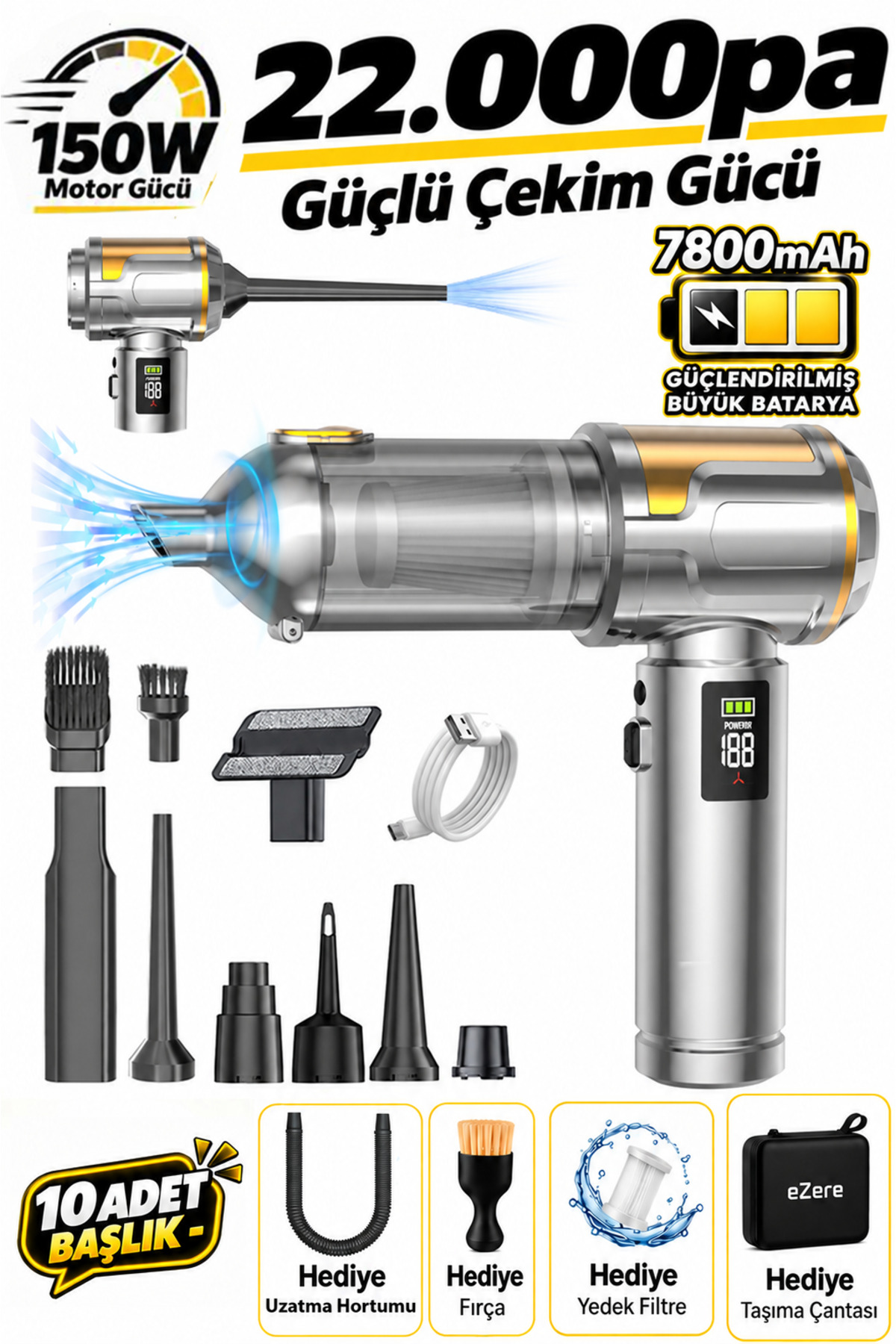 nano商品 EZERE Nanovac 150W 22000pa Güçlü Portatif Vakumlu Kablosuz