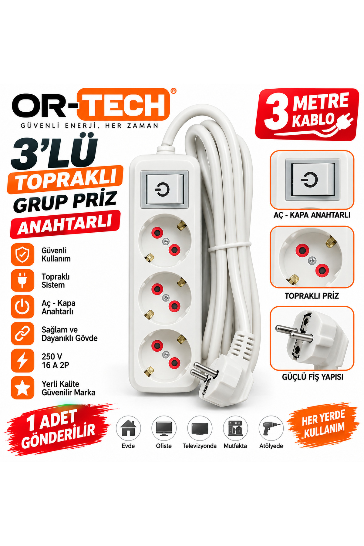 OR-TECH 3 ÜÇLÜ TOPRAKLI GRUP PRİZ ANAHTARLI 3 METRE SEYYAR 250 V