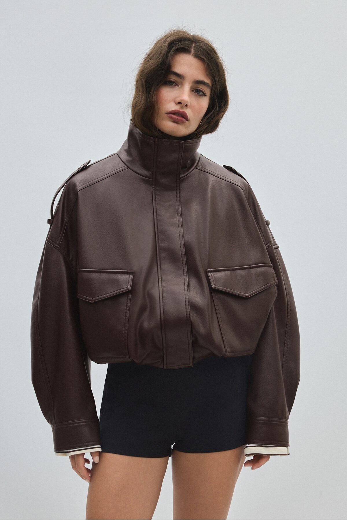 Stradivarius Oversize suni deri ceket görsel 3