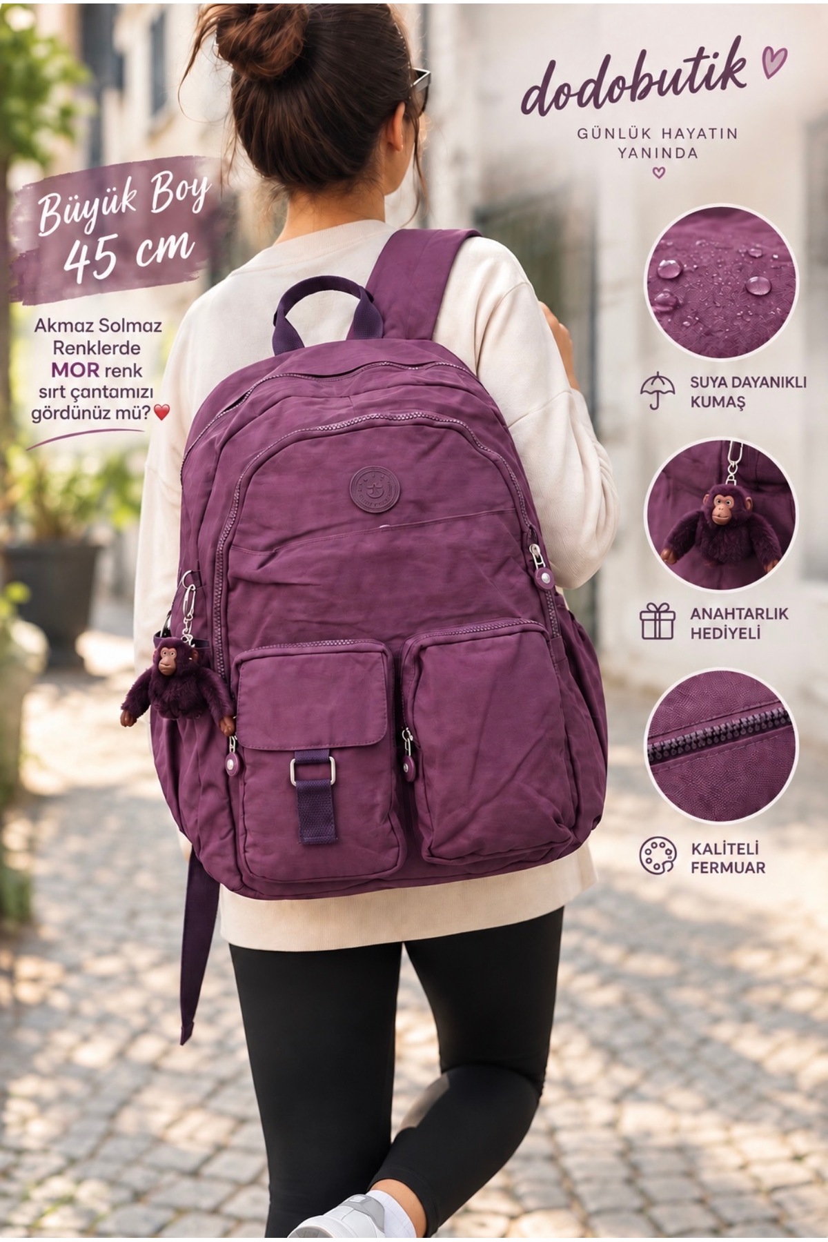DodoButik Kadın Mor Büyük Boy Yağmura Dayanıklı Çok Cepli Sırt Çantası