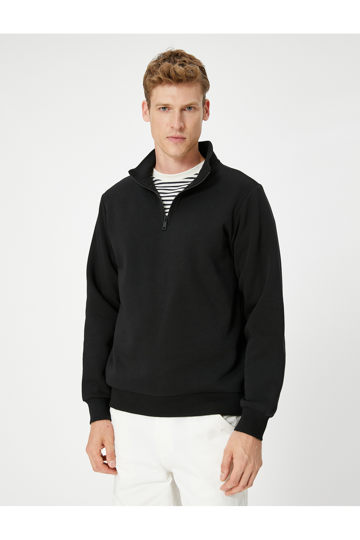 Koton Yarım Fermuarlı Sweatshirt Dik Yaka Uzun Kollu Şardonlu görsel 3