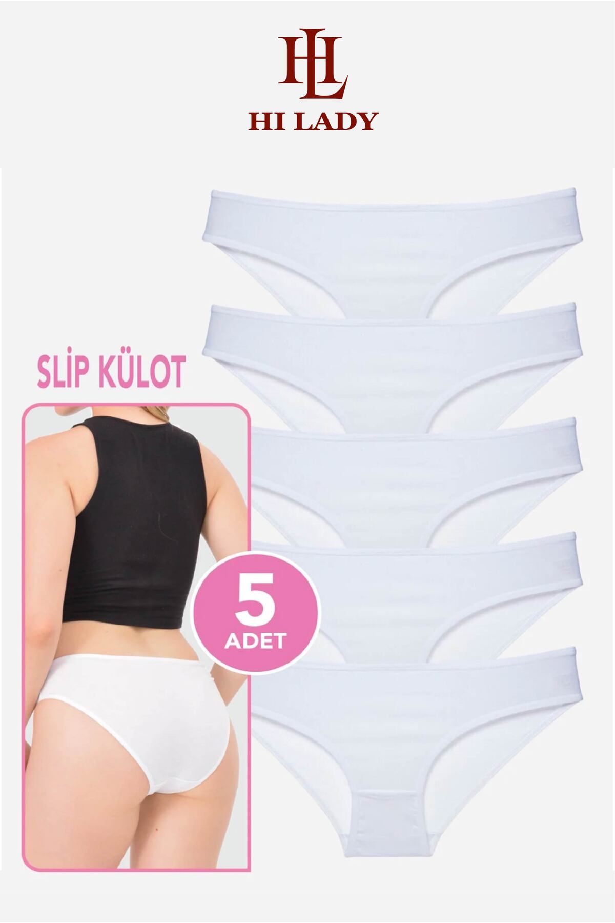 Hilady Kadın Külot 5'li Paket Beyaz Renk Pamuklu Esnek Bikini Kalıp görsel 5