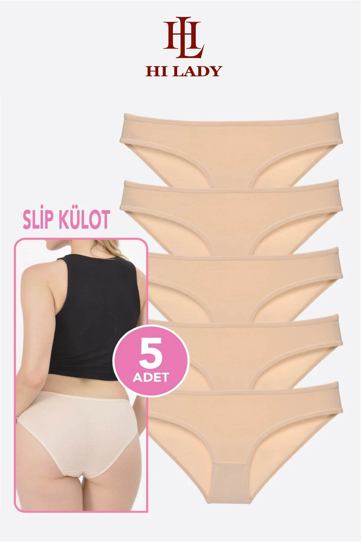 Hilady Kadın Külot 5'li Paket Ten Rengi Pamuklu Esnek Bikini Kalıp görsel 5