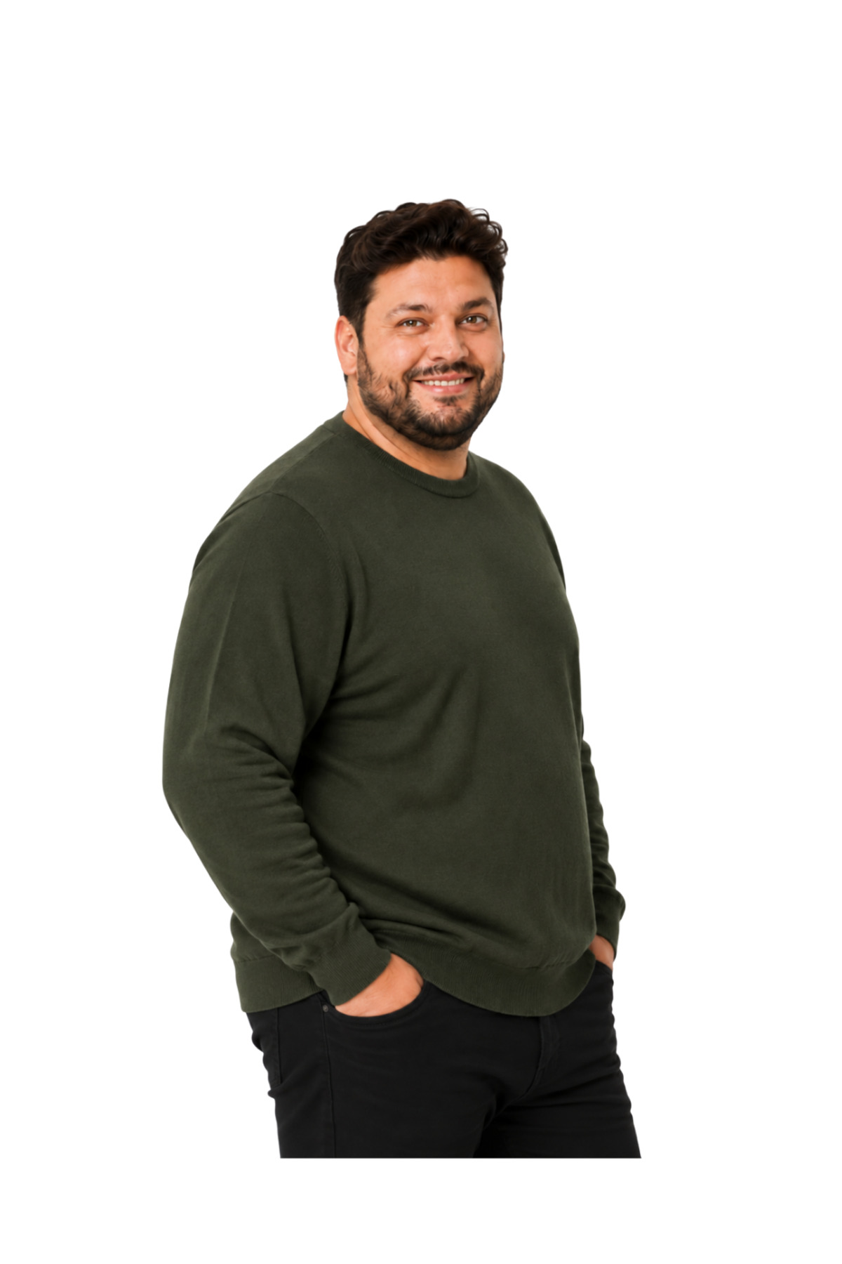BattalModa Erkek Büyük Beden Haki Bisiklet Yaka Pamuklu Kazak 3XL-4XL-5XL-6XL görsel 2