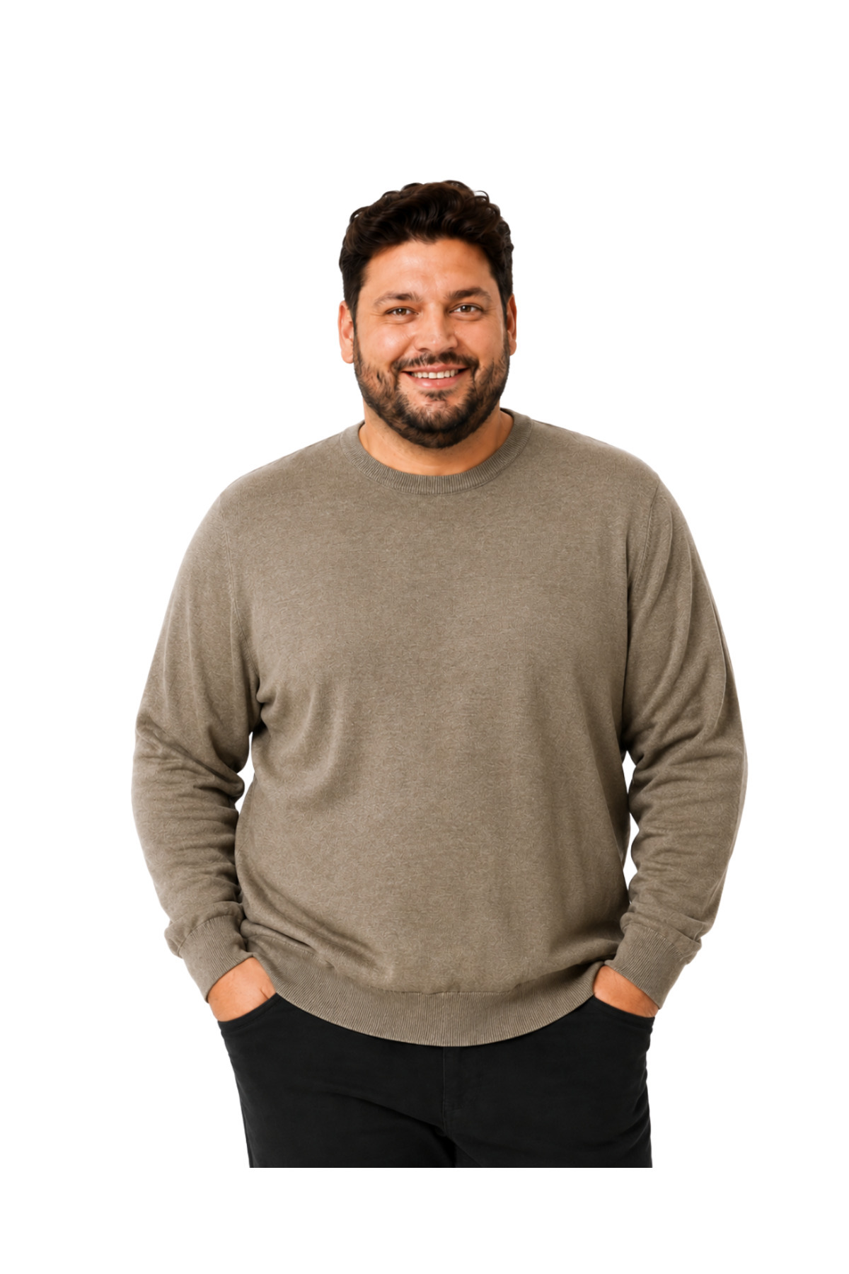 BattalModa Erkek Büyük Beden Vizon Bisiklet Yaka Pamuklu Kazak 3XL-4XL-5XL-6XL
