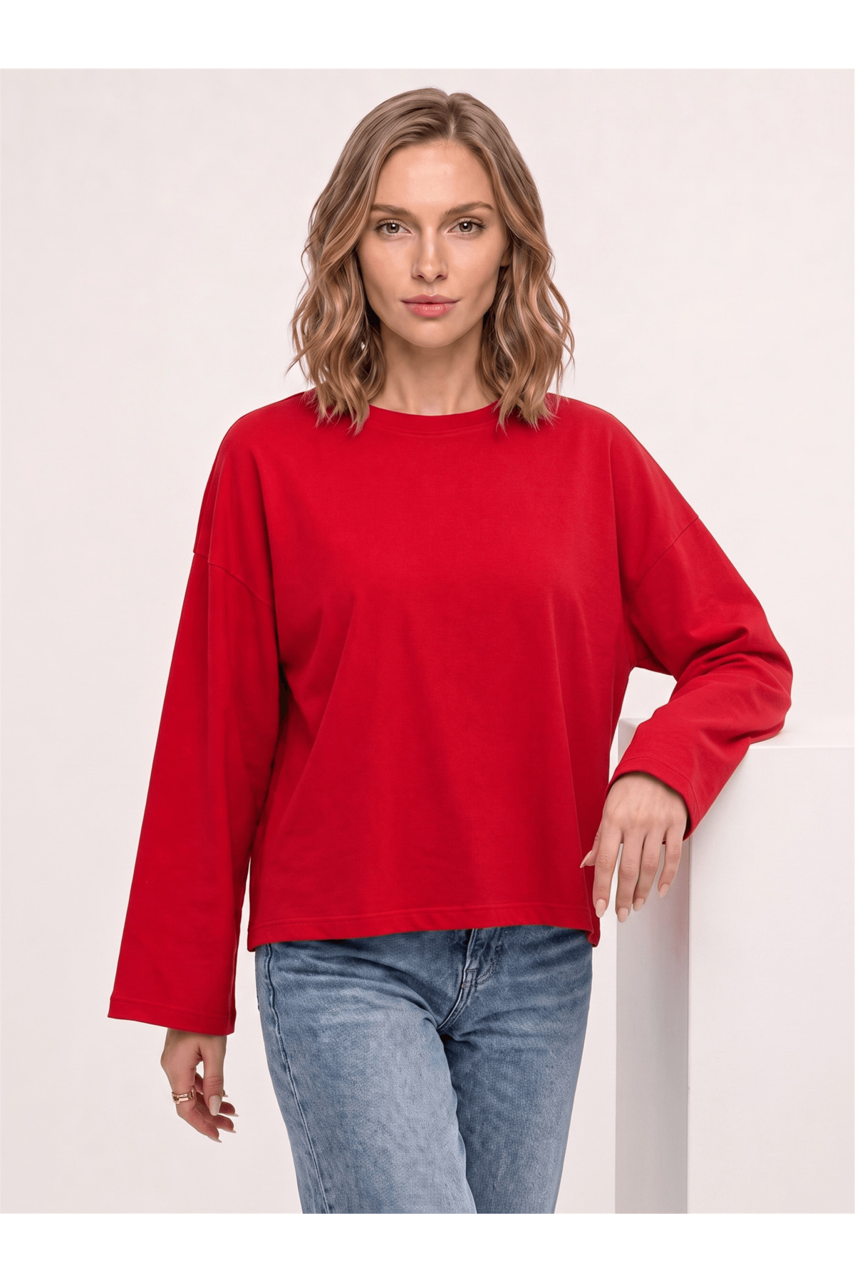 Co Trendiz Kadın %100 Pamuk Bisiklet Yaka Uzun Kollu T-shirt Kırmızı görsel 2