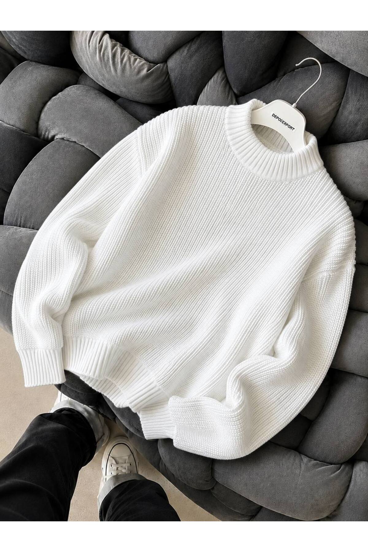 Erkek Premium Oversize Yumuşak Bisiklet Yaka Triko Kazak — سفید hsn01simit1s