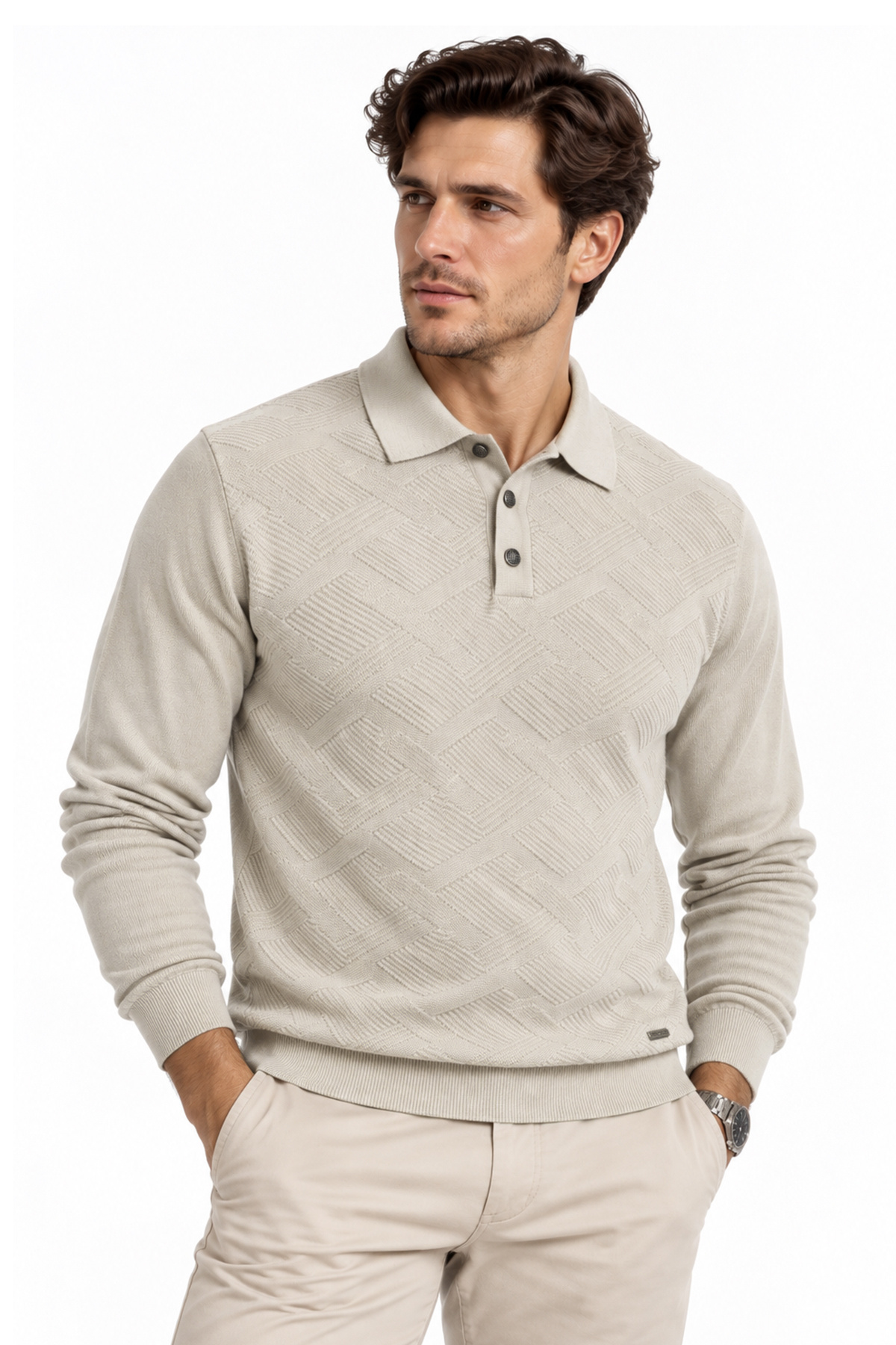 Erkek Desenli Polo Yaka Çıtçıtlı Kazak — بژ T21-07-ÇT
