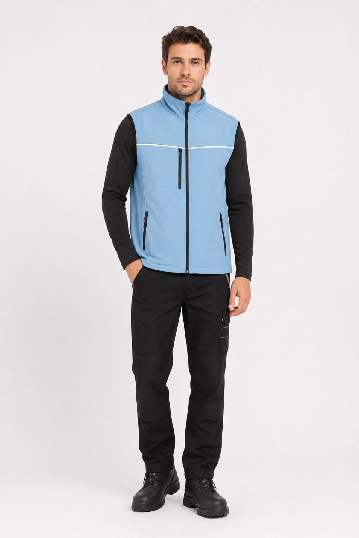 Unisex Mavi Reflektör Şeritli Fermuarlı Softshell İş Yeleği Mavi · Fotoğraf 2