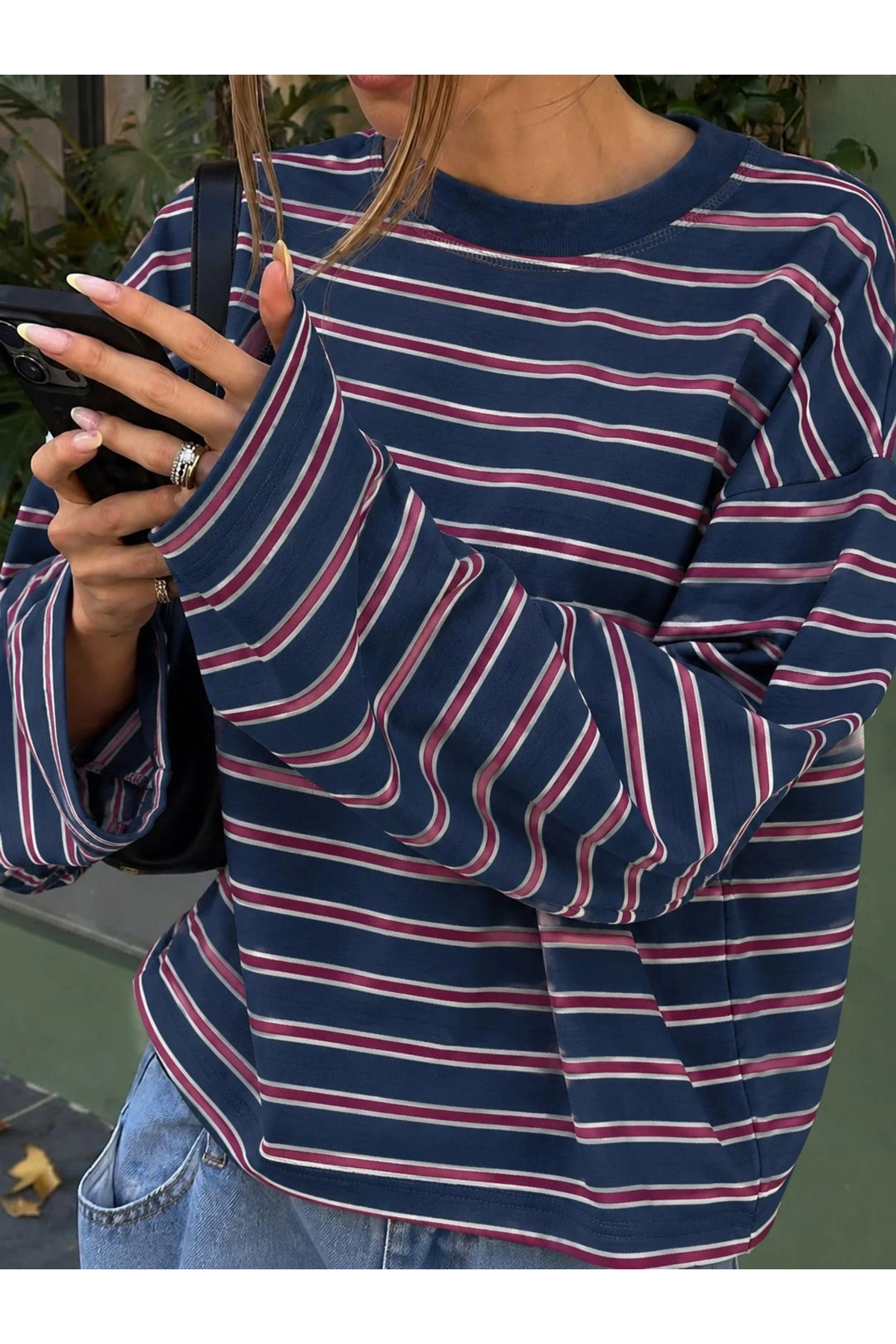 Eka Kadın Viral Laci Oversize Uzun Kollu Çizgili T-shirt 13113