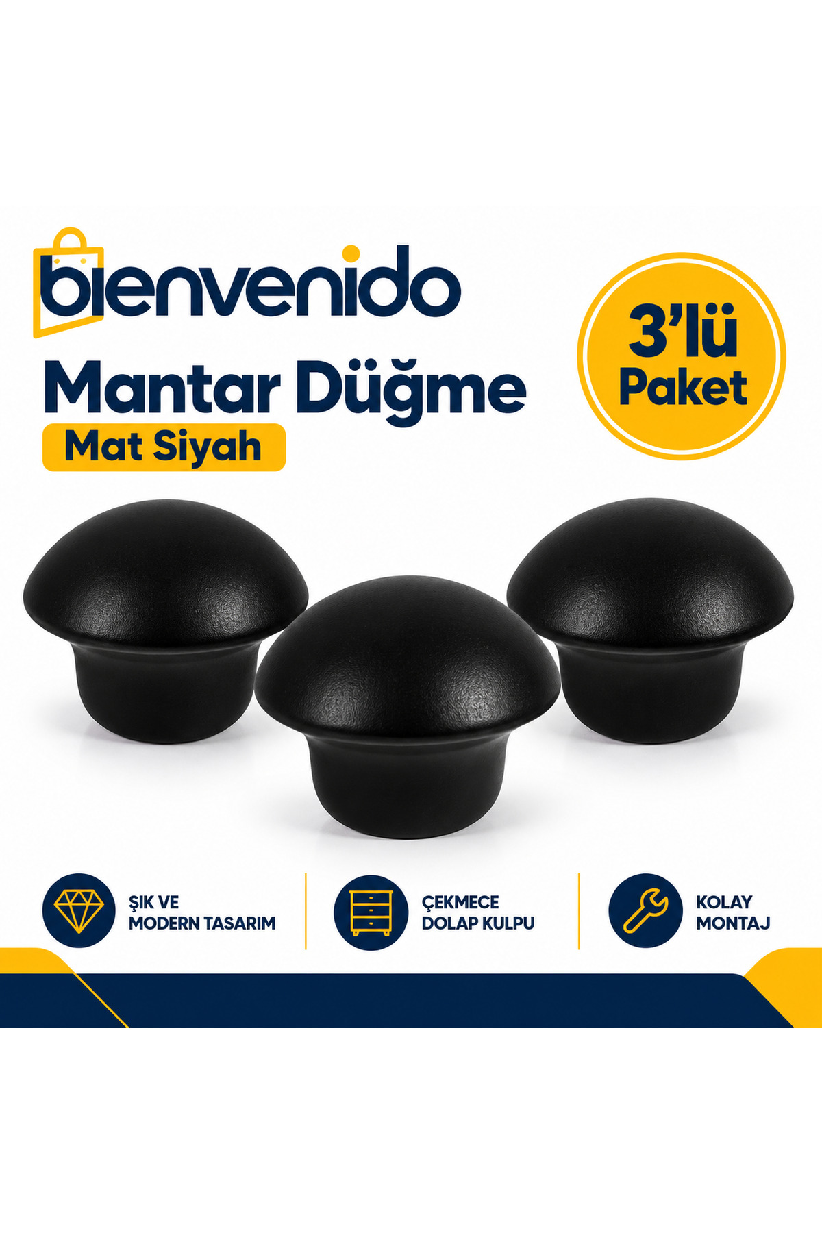 Mantar Düğme Metal (MAT SİYAH) Yuvarlak Mobilya Mutfak Çekmece Dolap Kulpu 3'lü