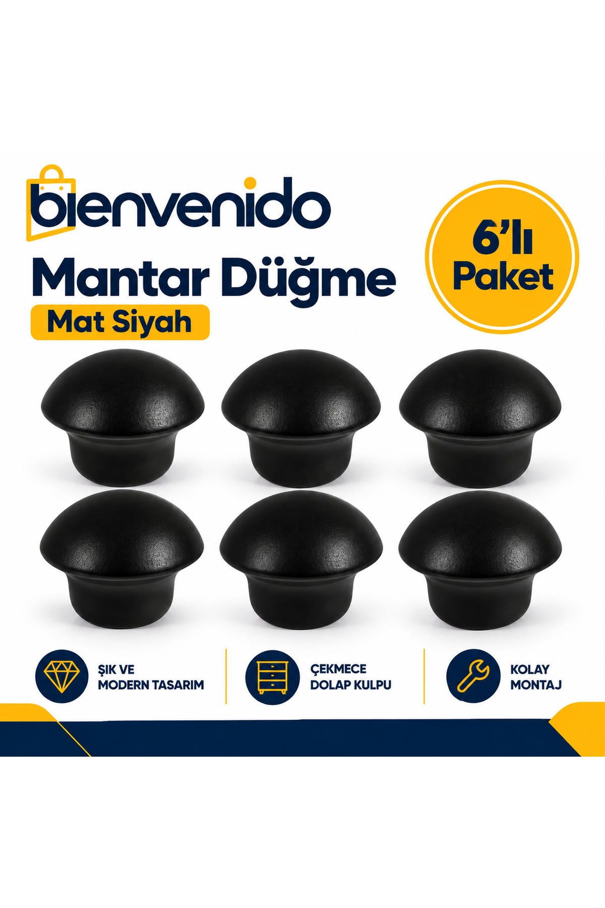 Mantar Düğme Metal (MAT SİYAH) Yuvarlak Mobilya Mutfak Çekmece Dolap Kulpu 6'lı