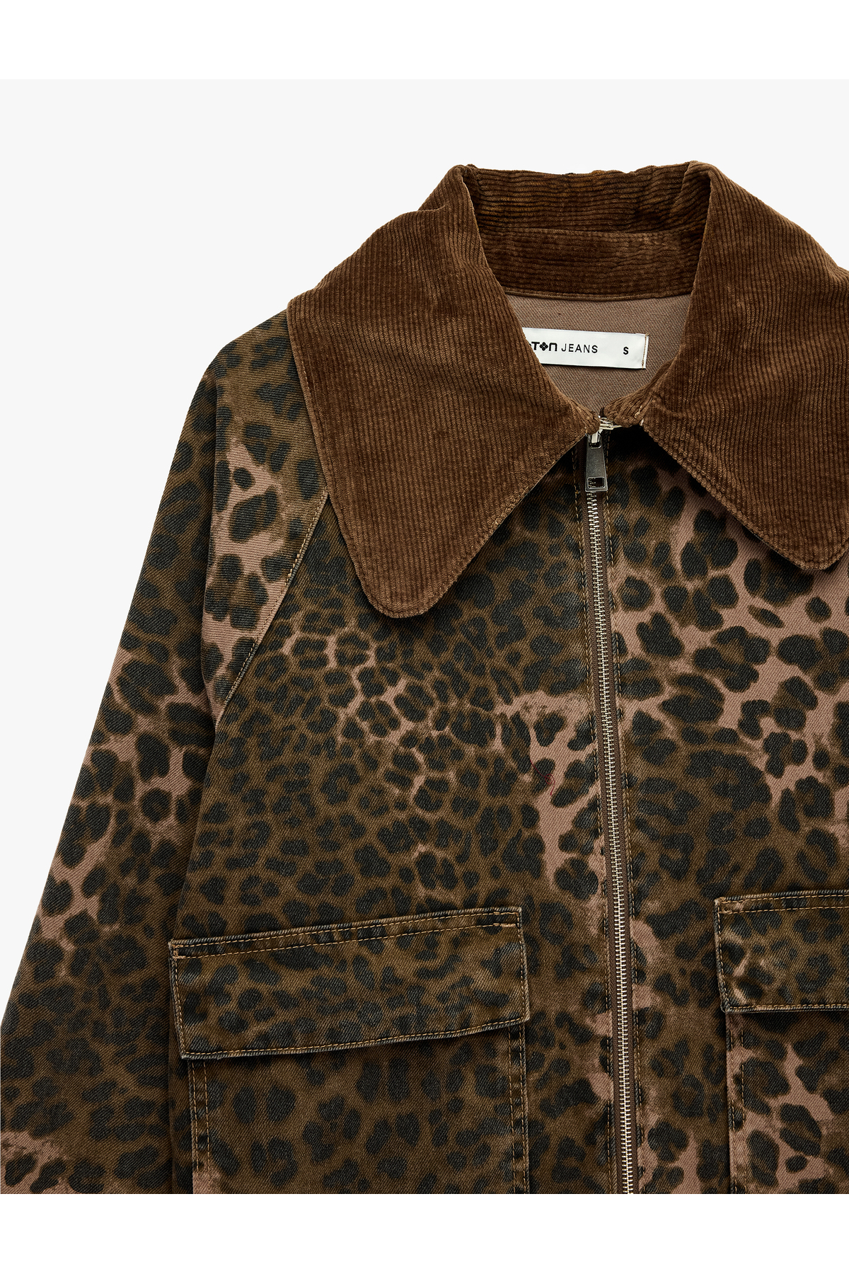 Koton Rahat Kalıp Cepli Fermuarlı Uzun Kollu Yaka Detaylı Denim Leopar Ceket görsel 3
