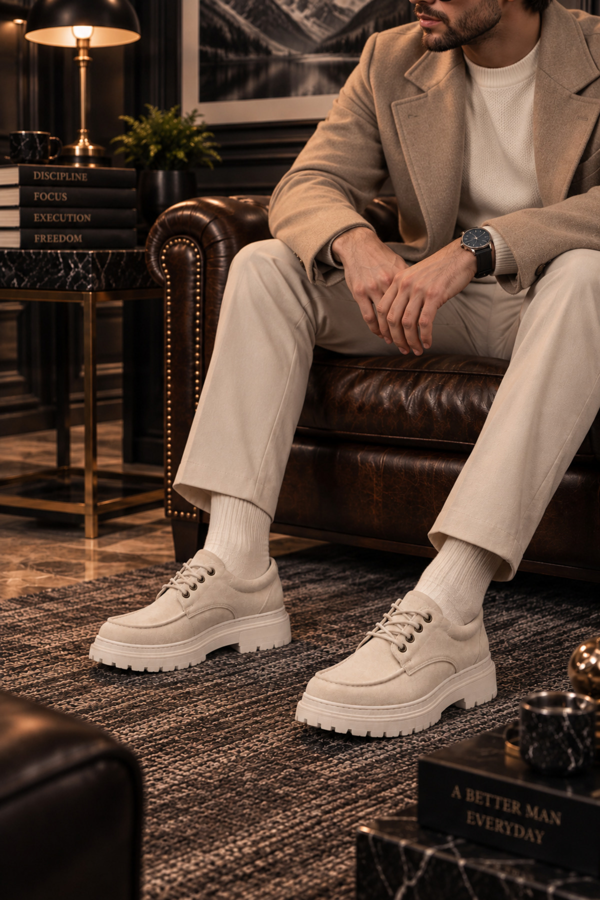Lucy Shoes YG-13 Erkek Günlük Bağcıklı Lüks Süet Loafer Ayakkabı SKT - Krem görsel 3
