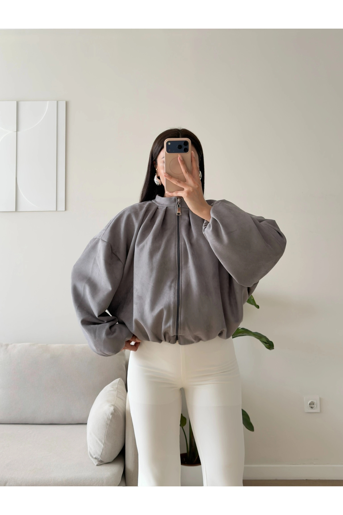Zoom Butik Balon Kol Süet Bomber Ceket - GRİ görsel 4