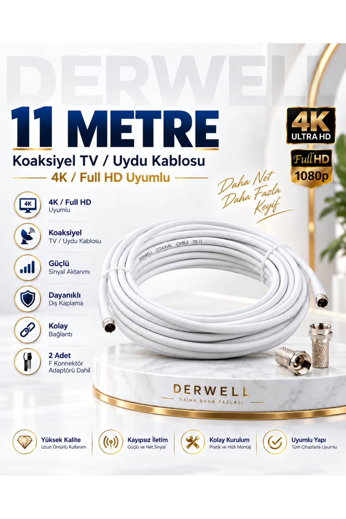 11 Metre 4K Full HD Koaksiyel TV Uydu Anten Kablosu Seti - Güçlü Sinyal Aktarımlı Dayanıklı Televizyon Kablosu - Lnb Alıcı Uyumlu Yüksek Kalite Beyaz