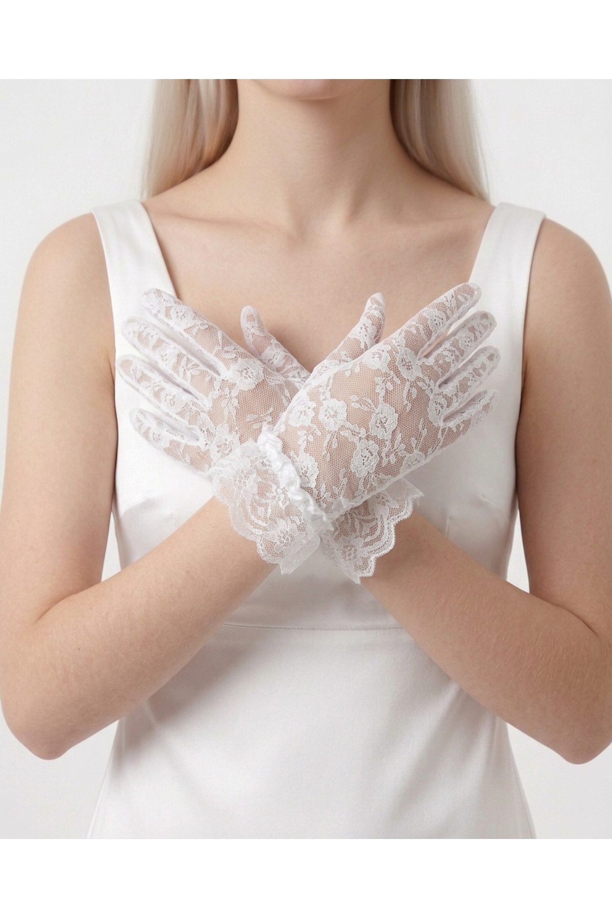 Mortex Beyaz Bilekten Lastikli Dantel Kısa Kadın Eldiveni, Düğün, Nişan, Nikah, Kına Gecesi, Balo, Davet, Parti, Kostüm, Mezuniyet, Bekarlığa Veda ve Fotoğraf Çekimi Aksesuarı görsel 4
