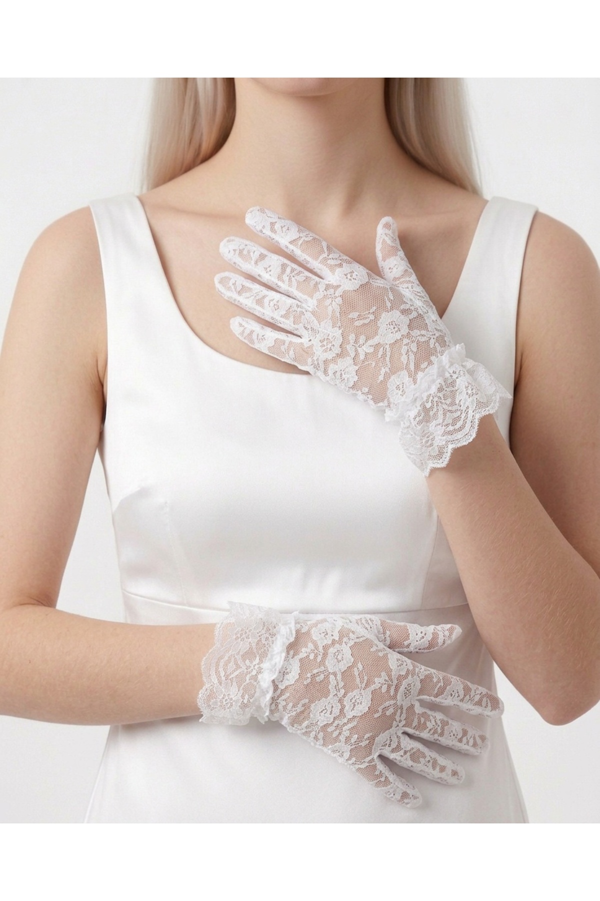 Mortex Beyaz Bilekten Lastikli Dantel Kısa Kadın Eldiveni, Düğün, Nişan, Nikah, Kına Gecesi, Balo, Davet, Parti, Kostüm, Mezuniyet, Bekarlığa Veda ve Fotoğraf Çekimi Aksesuarı görsel 2