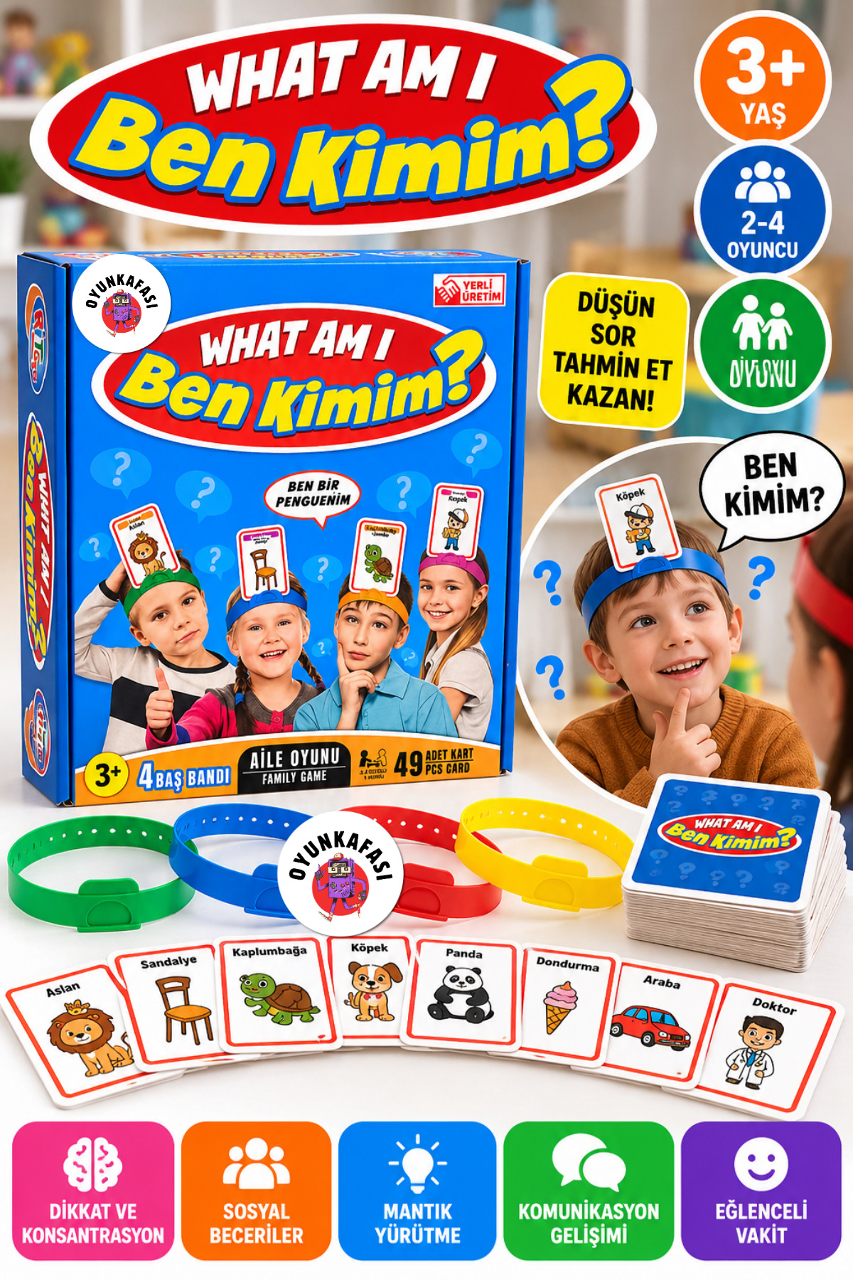 OYUNKAFASI Ben Kimim? Tahmin Oyunu 49 Kartlı 4 Baş Bantlı Çocuk ve Aile Oyunu 2-4 Kişilik 3+ Yaş