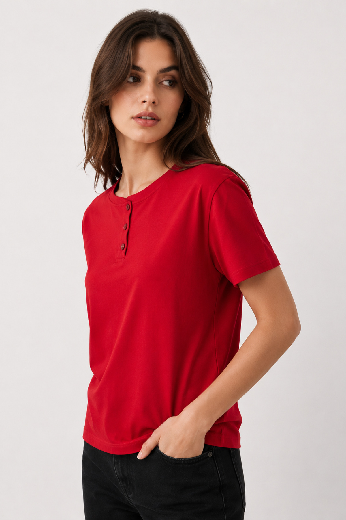 Unisex Kırmızı Düğmeli Yaka Kısa Kollu Regular Fit Basic Tişört Kırmızı · Fotoğraf 3