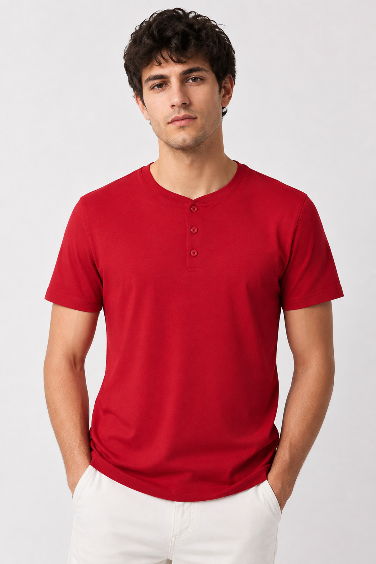 Unisex Kırmızı Düğmeli Yaka Kısa Kollu Regular Fit Basic Tişört Kırmızı · Fotoğraf 4