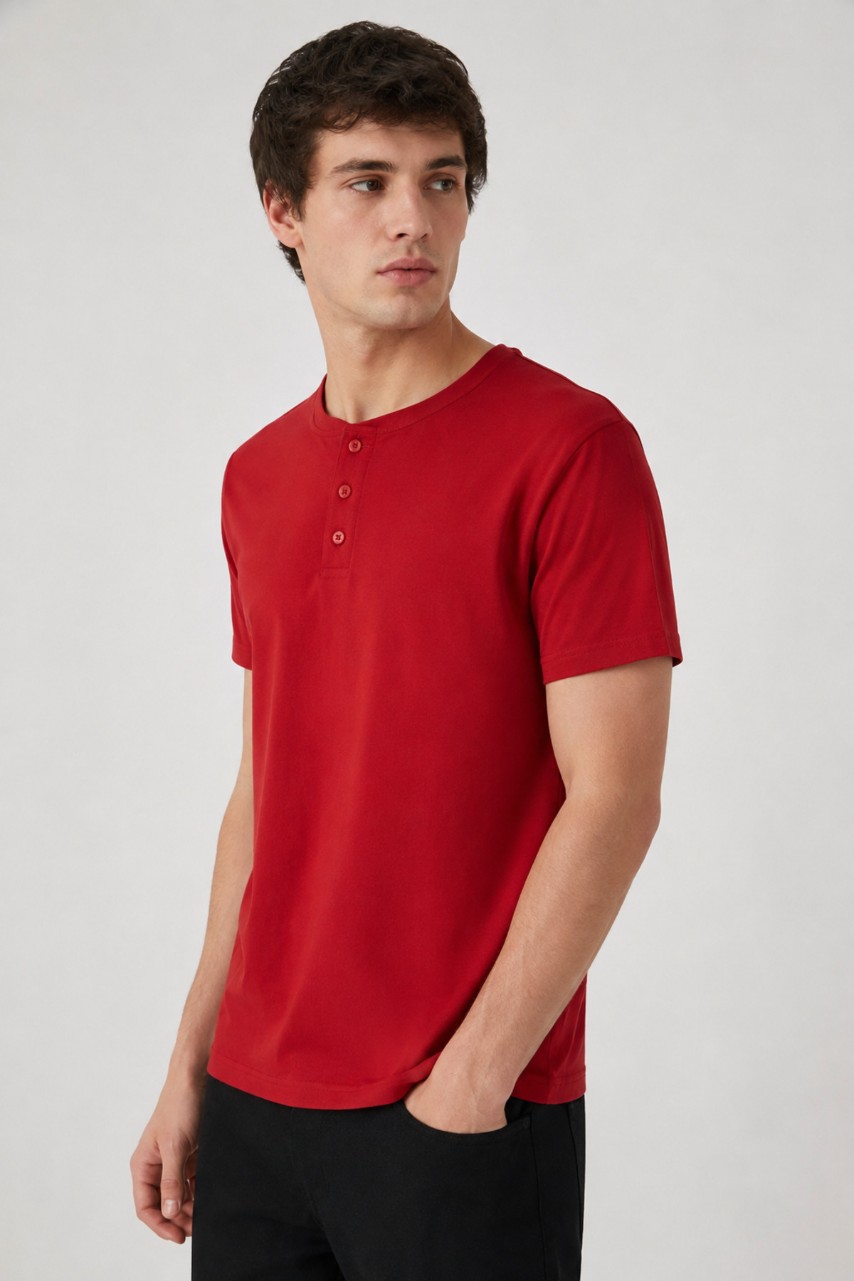 Unisex Kırmızı Düğmeli Yaka Kısa Kollu Regular Fit Basic Tişört Kırmızı · Fotoğraf 2