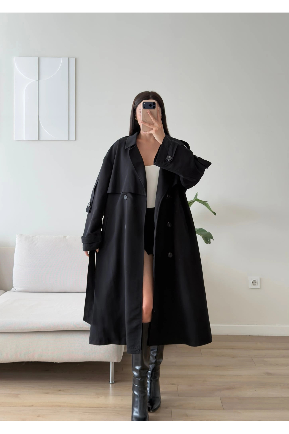 Zoom Butik Premium Kuşaklı Trençkot - SİYAH görsel 3