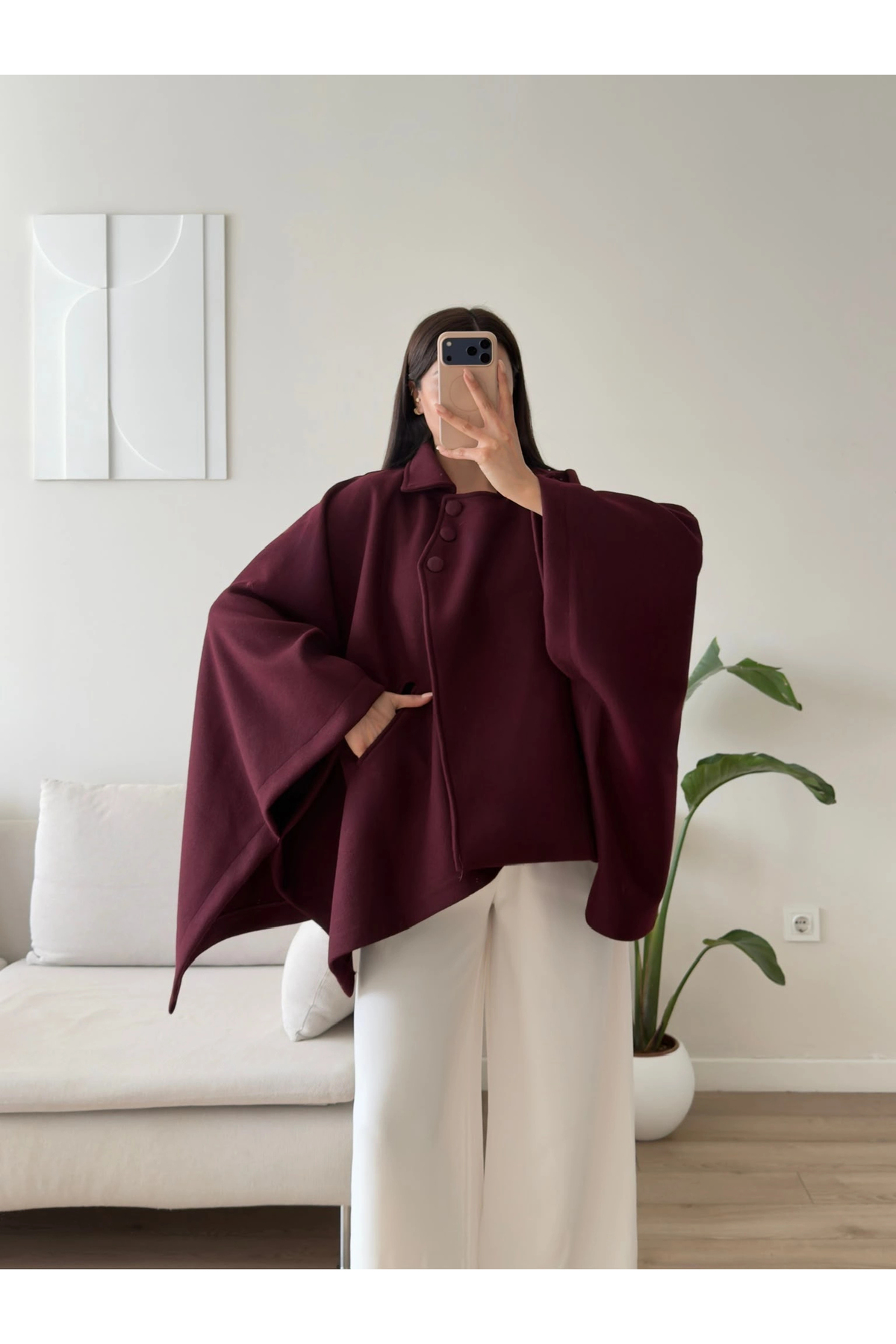 Zoom Butik Düğme Detay Pelerin Panço Ceket - MÜRDÜM görsel 3