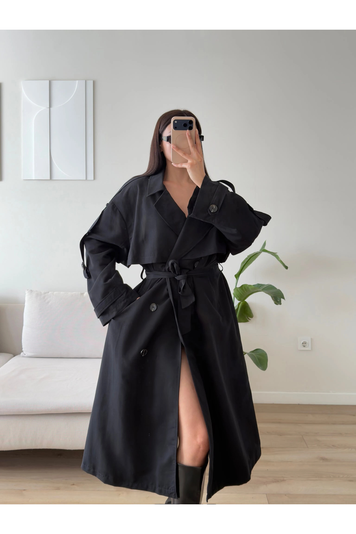 Zoom Butik Premium Kuşaklı Trençkot - SİYAH görsel 6