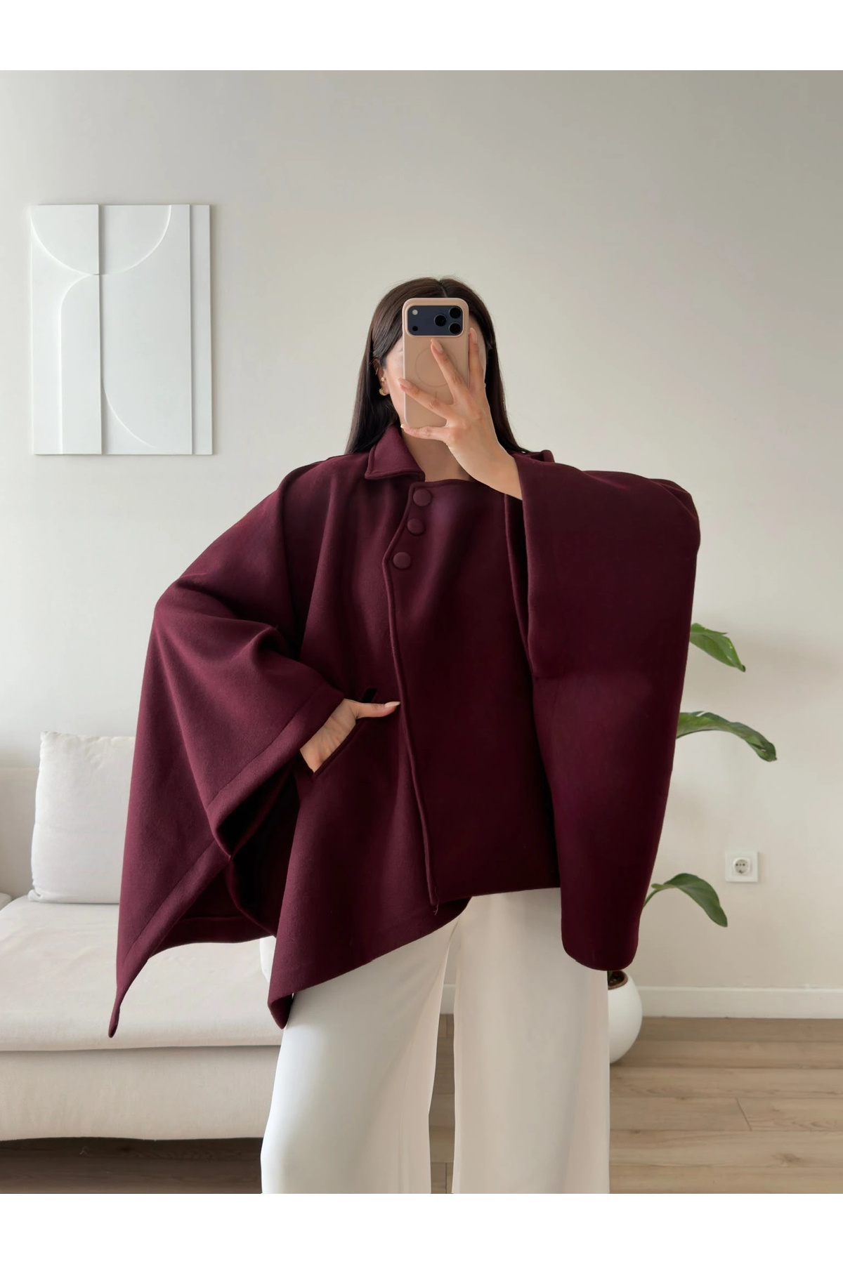 Zoom Butik Düğme Detay Pelerin Panço Ceket - MÜRDÜM görsel 4