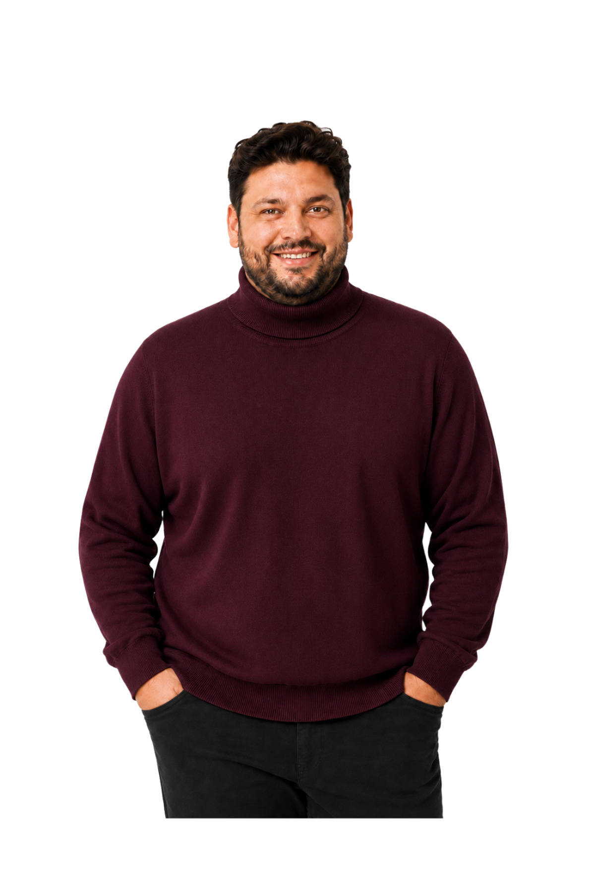 BattalModa Erkek Büyük Beden Bordo Tam Balıkçı Pamuklu Kazak 3XL-4XL-5XL-6XL