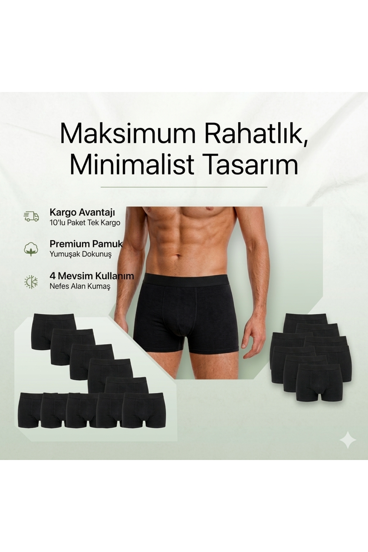 BARO UNDERWEAR 10'lu Paket Erkek Siyah Full Likralı Pamuklu Premium Boxer Seti görsel 4