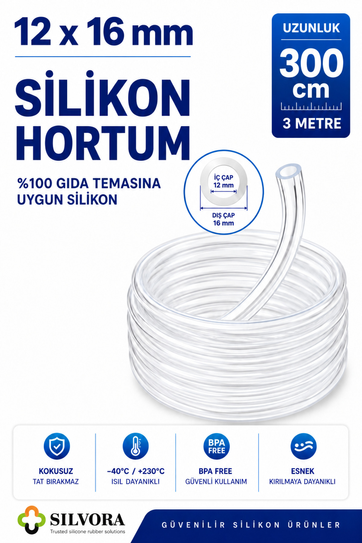 Silvora Trusted silicone rubber solutions %100 Silikon Hortumu 12x16 mm-İç Çap 12 mm-Dış Çap 16 mm-3 metre-Gıda Temasına Uygun, Şeffaf, Esnek Bağlantı Hortumu