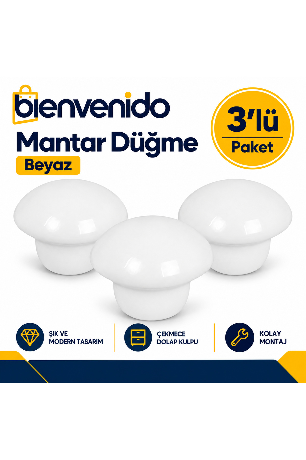 Mantar Düğme Metal (BEYAZ) Yuvarlak Mobilya Mutfak Çekmece Çocuk Odası Dolap Kulpu 3'lü BIE-DUG-307-3L, one size