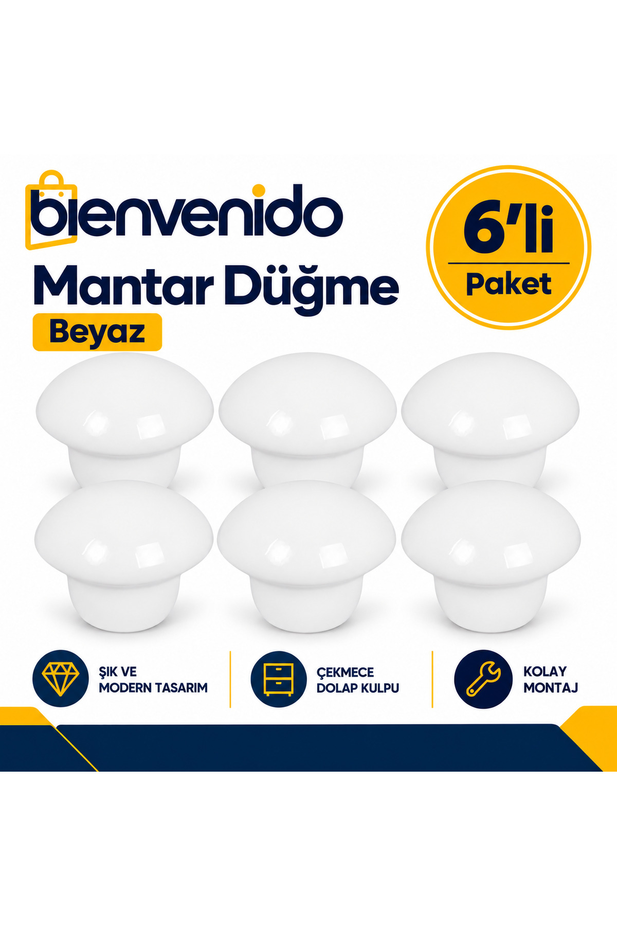 Mantar Düğme Metal (BEYAZ) Yuvarlak Mobilya Mutfak Çekmece Çocuk Odası Dolap Kulpu 6'lı