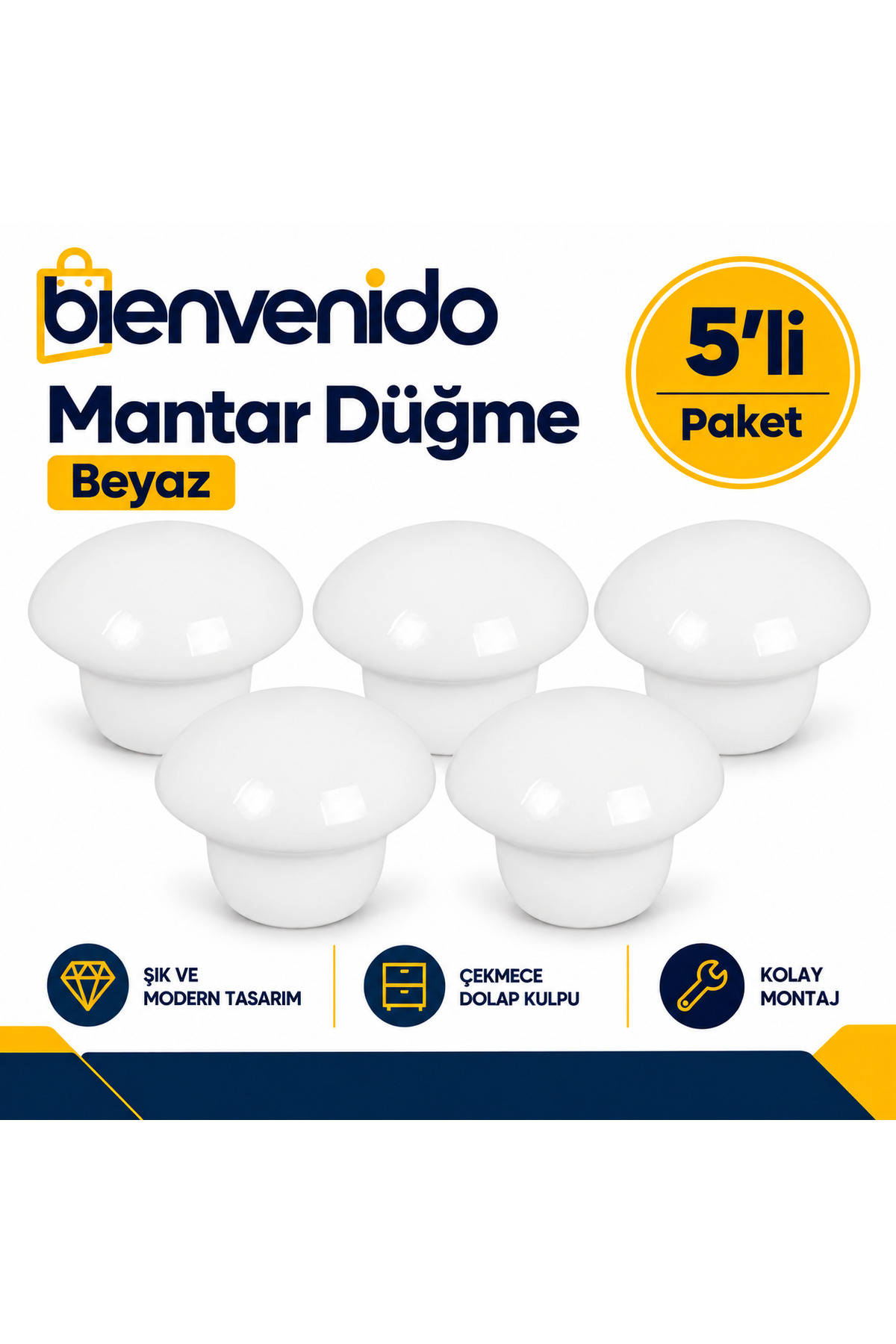 Mantar Düğme Metal (BEYAZ) Yuvarlak Mobilya Mutfak Çekmece Çocuk Odası Dolap Kulpu 5'li