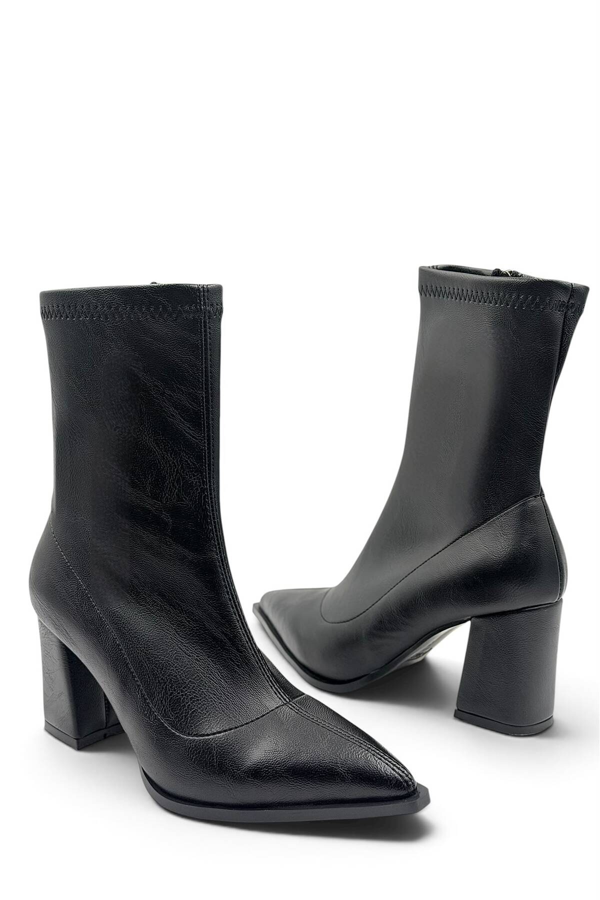 besoin shoes store Kaymaz Taban Fermuar Detaylı Kalın Topuklu Streç Kadın Bot Siyah 9 cm görsel 3