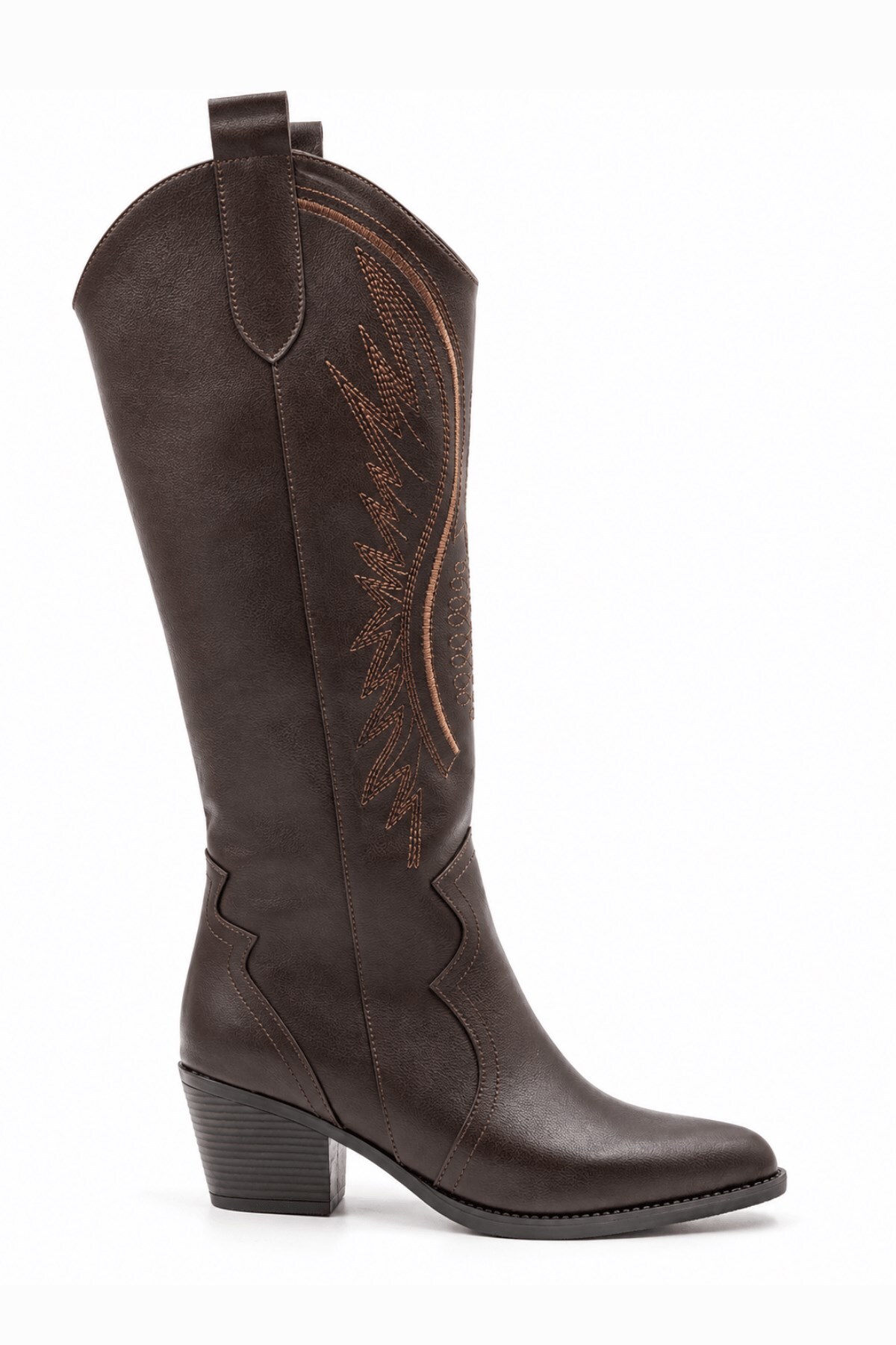 İX Django Kadın Kahverengi Nakışlı Sivri Burun Kalın Topuklu Diz Altı Western Kovboy Çizme görsel 2