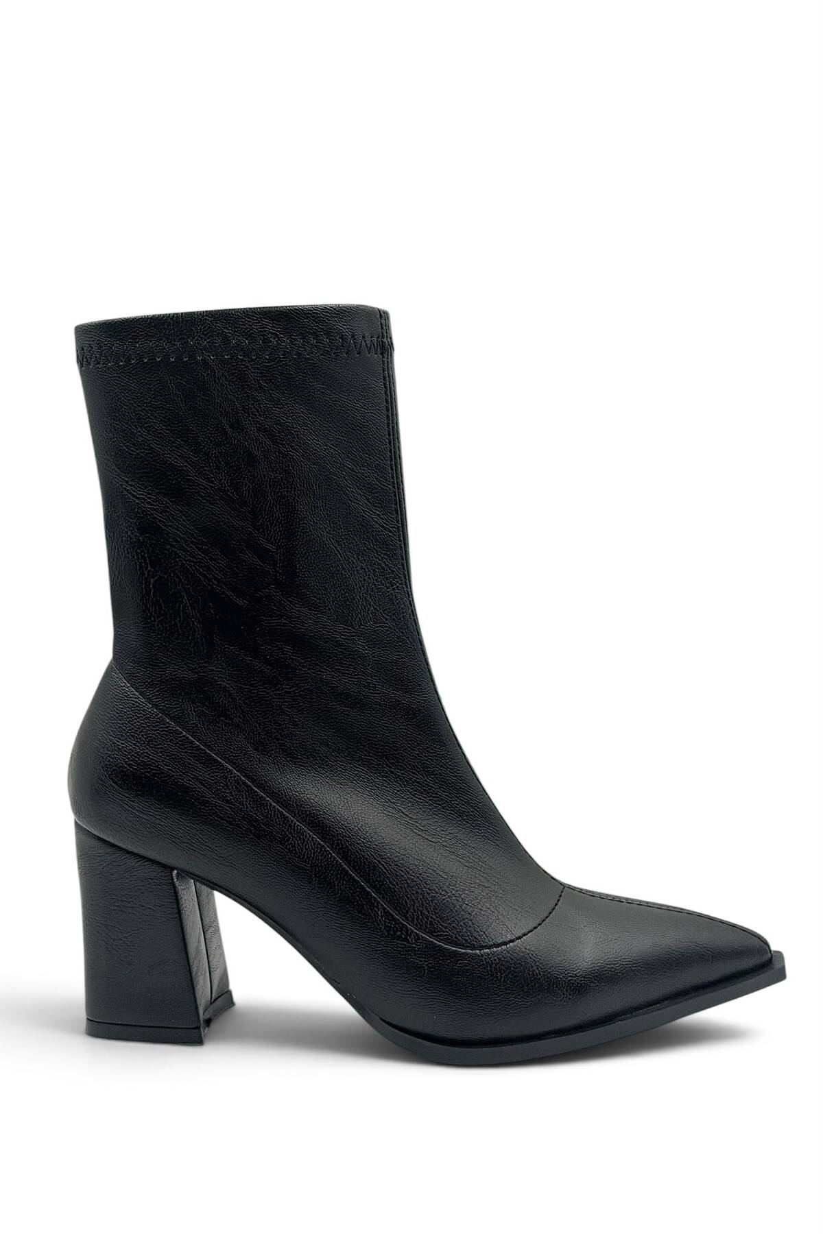 besoin shoes store Kaymaz Taban Fermuar Detaylı Kalın Topuklu Streç Kadın Bot Siyah 9 cm görsel 6