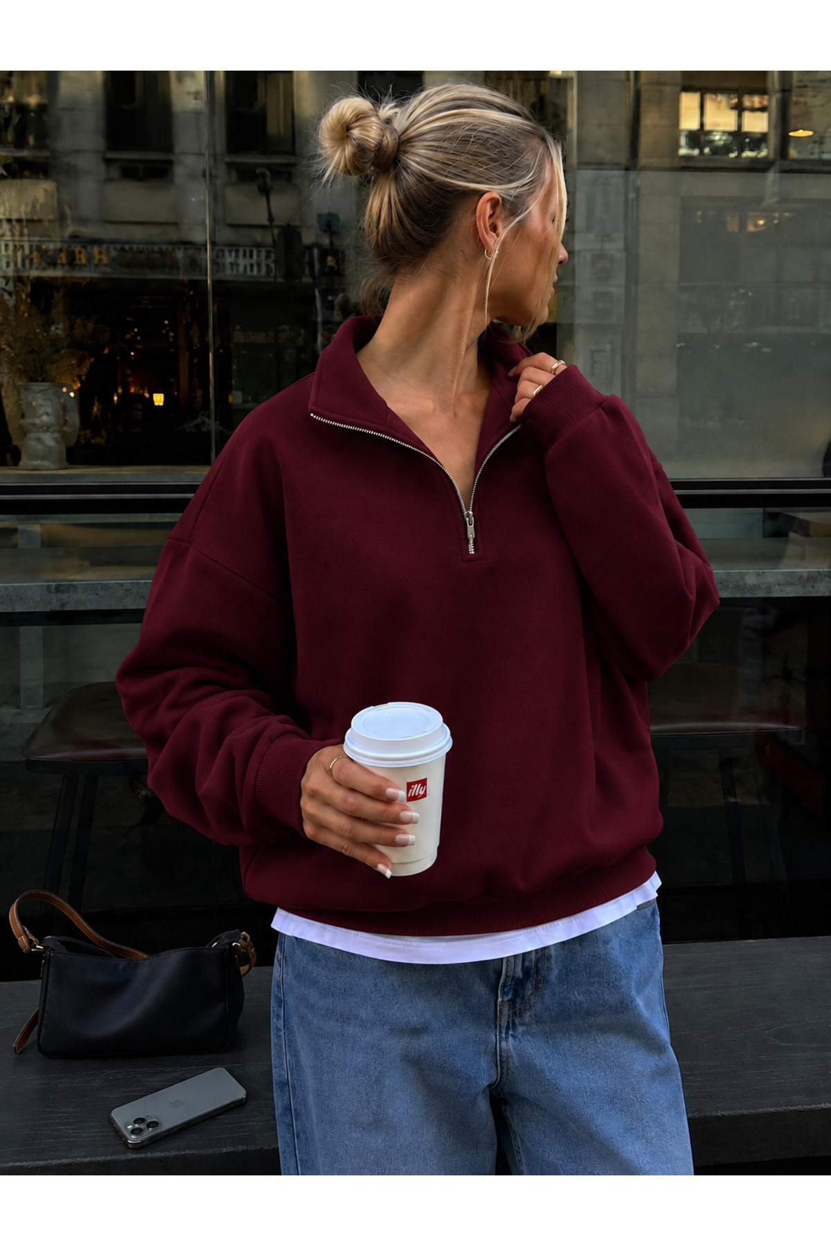 Bordo Dik Yaka Fermuarlı Sweatshirt — زرشکی SNT-DKYKA — تصویر 3 از 4