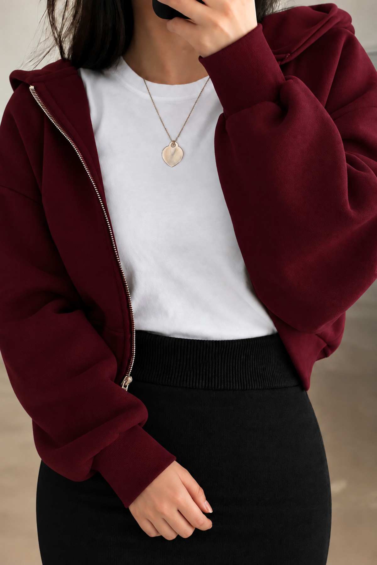 BYMEER Bordo Fermuarlı Crop Sweatshirt Hırka görsel 3
