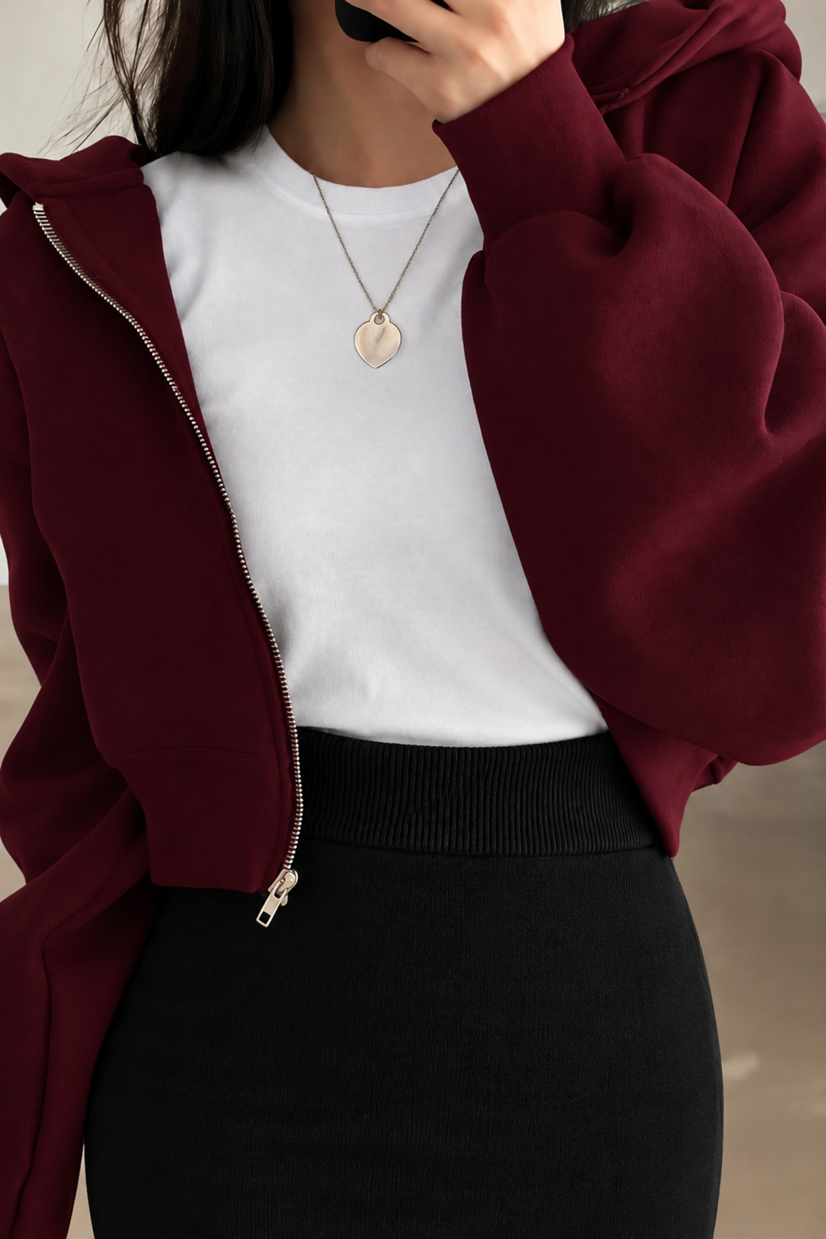BYMEER Bordo Fermuarlı Crop Sweatshirt Hırka