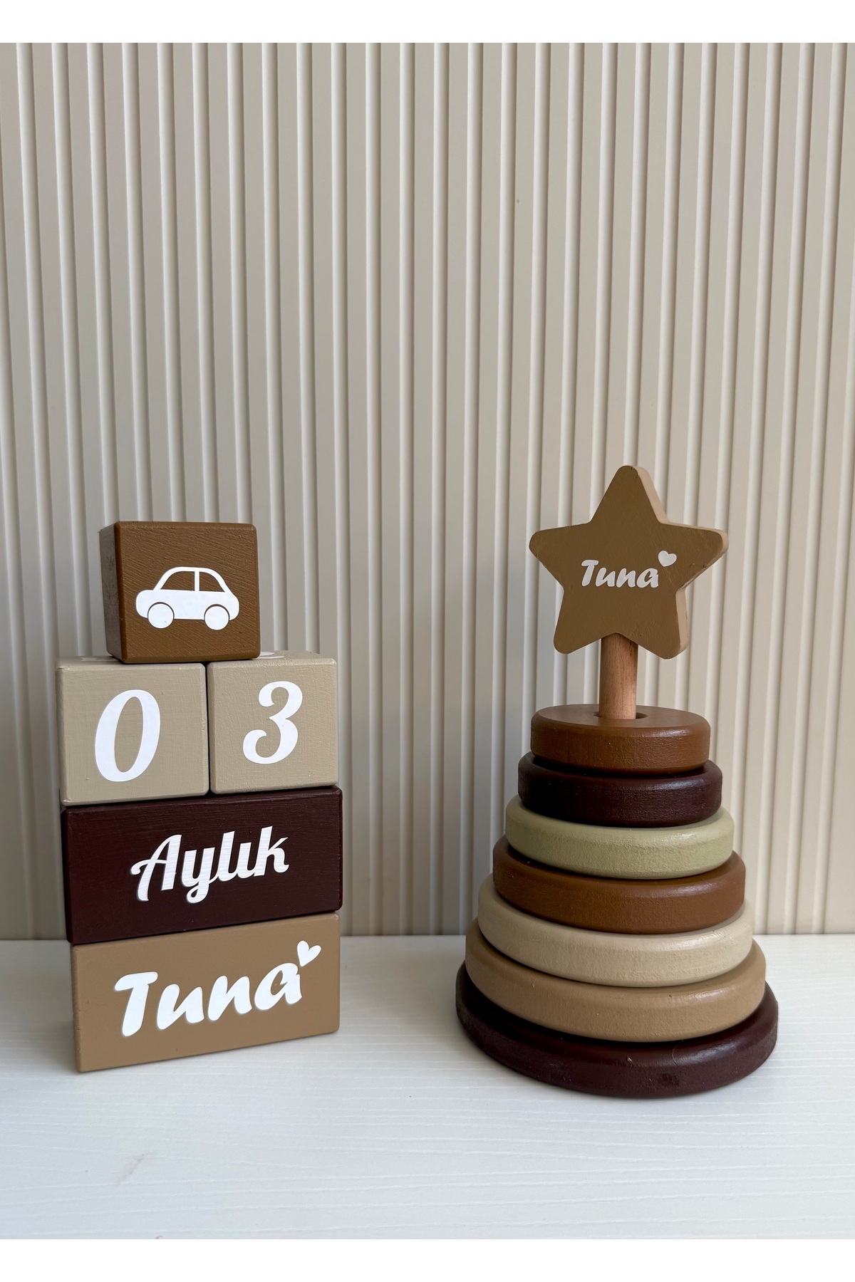 Kişiye Özel Bebek Anı Küpleri ve Ahşap Halka Oyuncak Seti