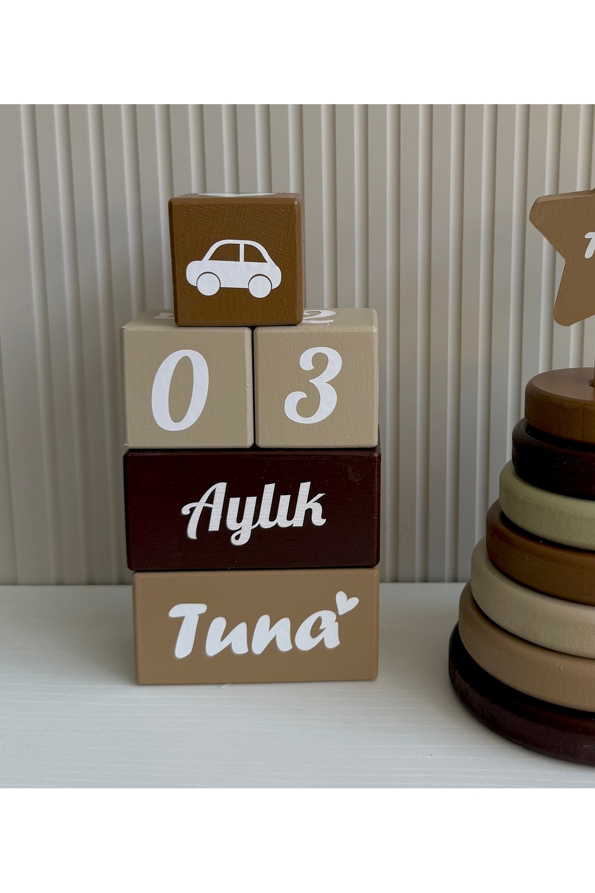 Kişiye Özel Bebek Anı Küpleri ve Ahşap Halka Oyuncak Seti