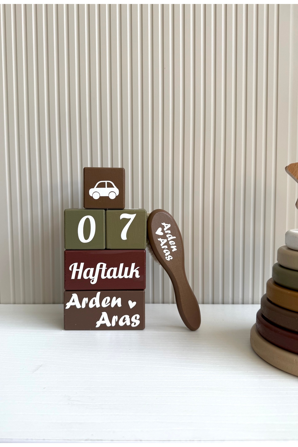 Kişiye Özel Bebek Anı Küpleri, İsimli Tarak ve Ahşap Halka Oyuncak Seti