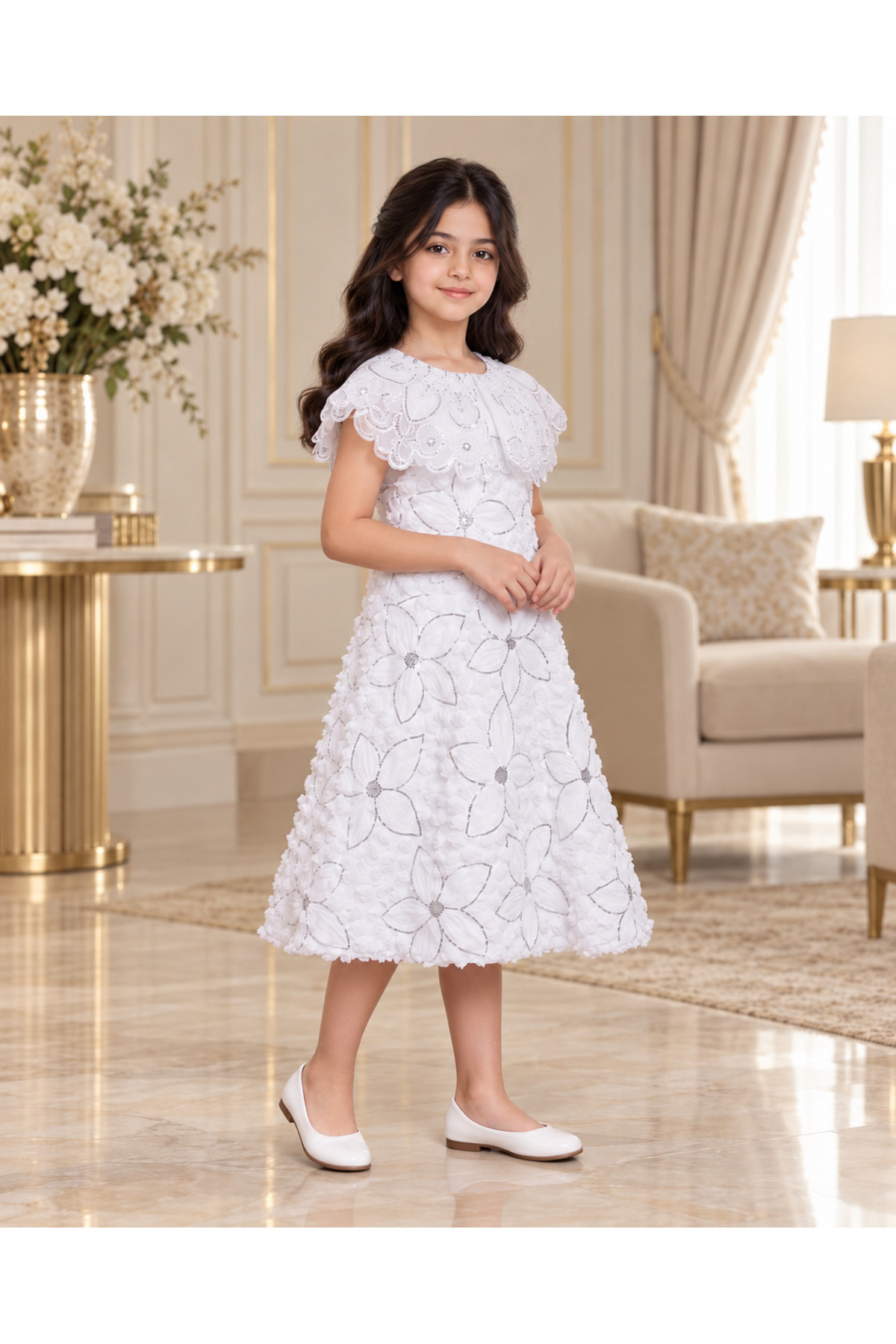 Girls' White Evening Dress, 3D Flower Embellished Wedding Hat
