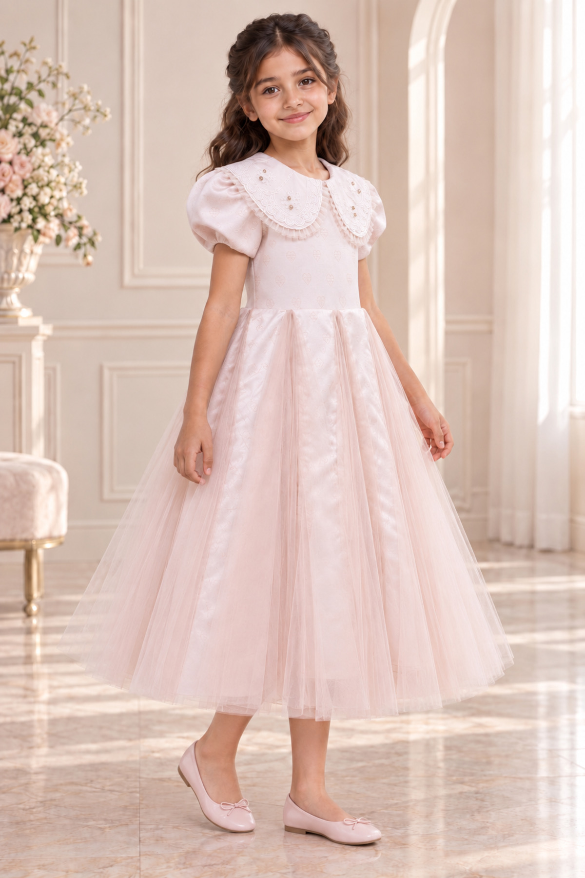 Light Pink Girls Party Dress with Layered Tulle Skirt and Adorned Lace Collar