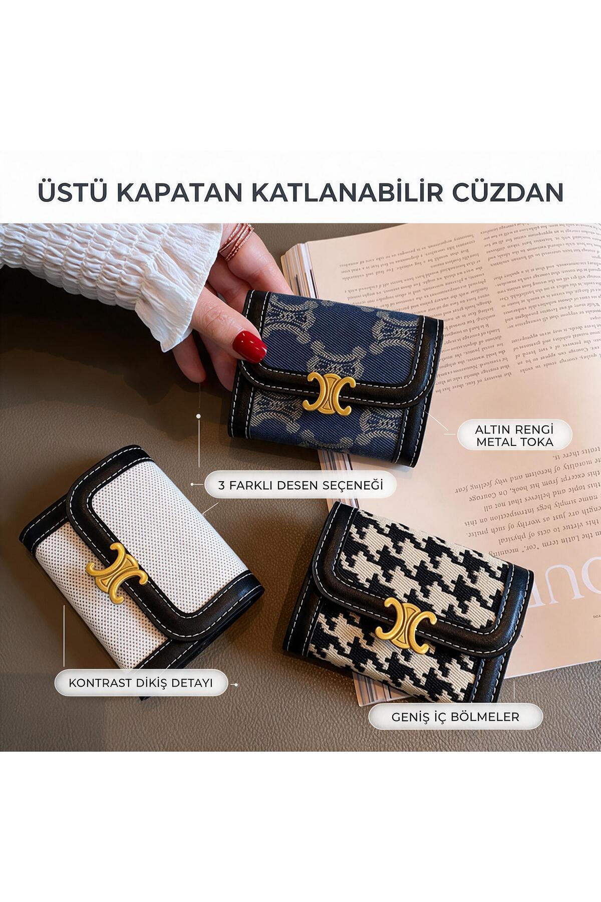 Genel Markalar Kadın Metal Tokalı Akordiyon Kartlık Cüzdan Çok Bölmeli Katlanabilir Mini Cep Cüzdanı